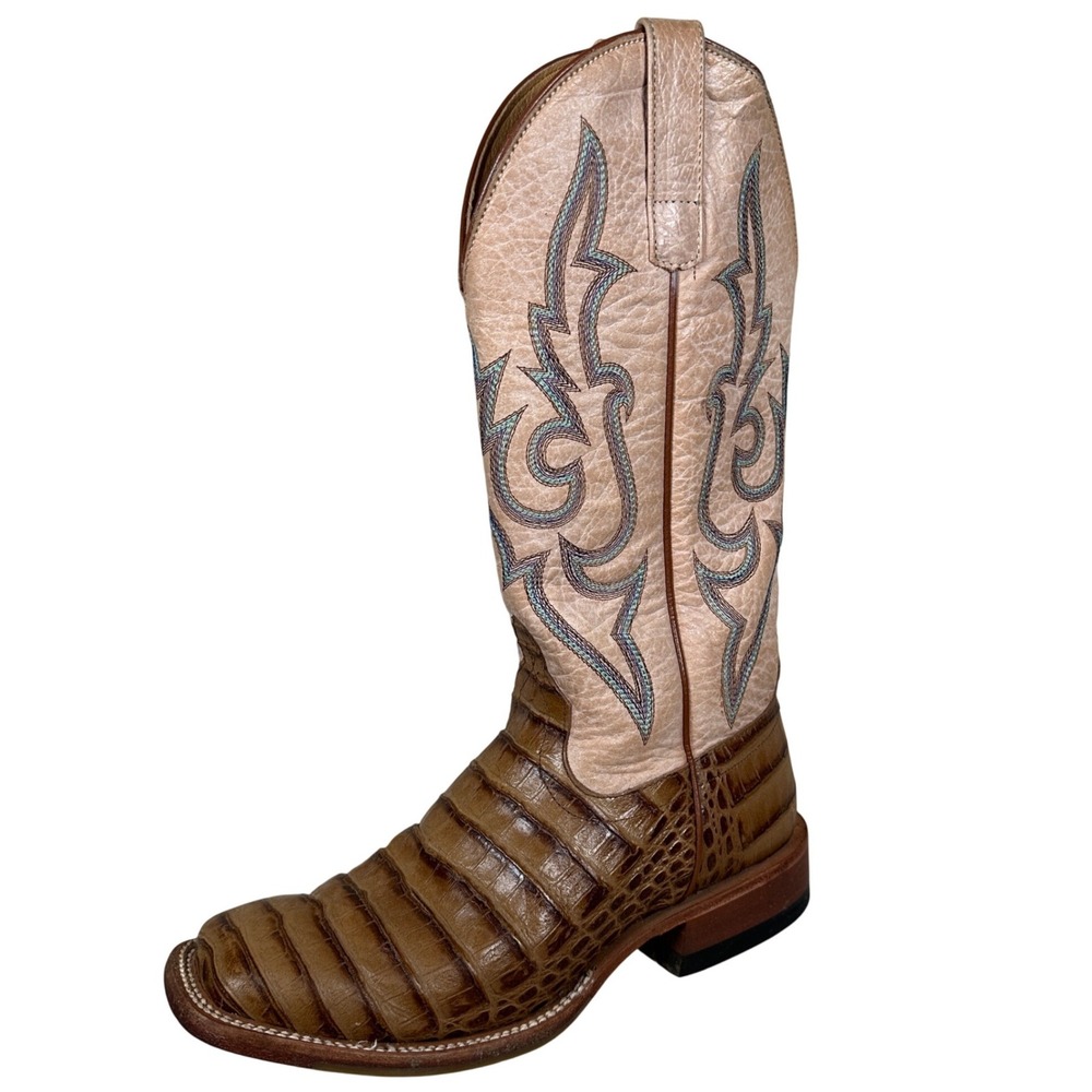 Macie Bean Caiman Print Leather Western Cowboy Boots Square Toe Embroidered Tan